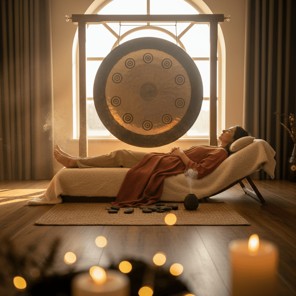 A family peacefully engaging in a sound bath at home, surrounded by various calming instruments like singing bowls and chimes, embodying the serene wellness experience championed by Soul Art and founder Larissa Steinbach.