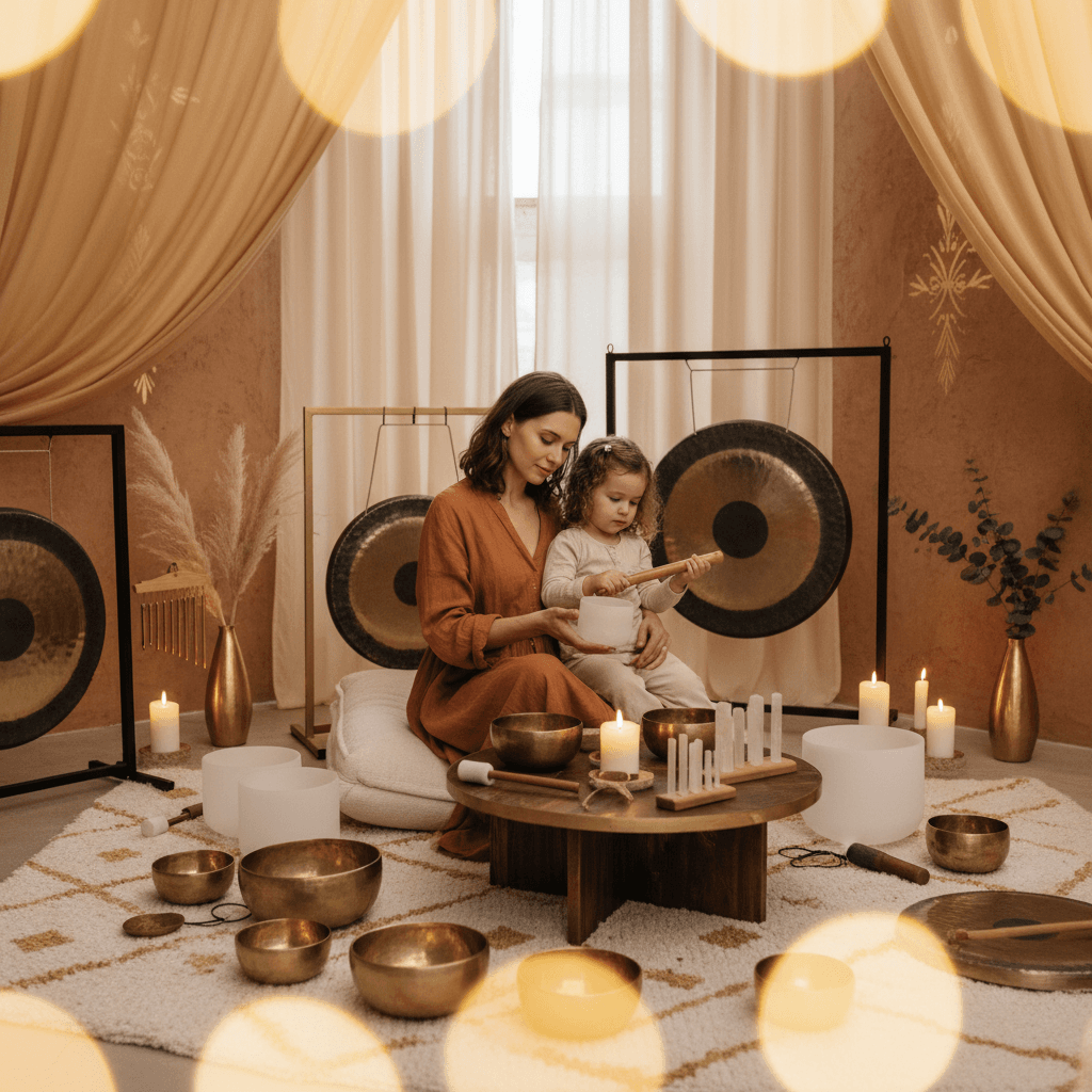 Larissa Steinbach from Soul Art Dubai leading a family sound practice session at home, featuring singing bowls and relaxed children, promoting holistic wellness.