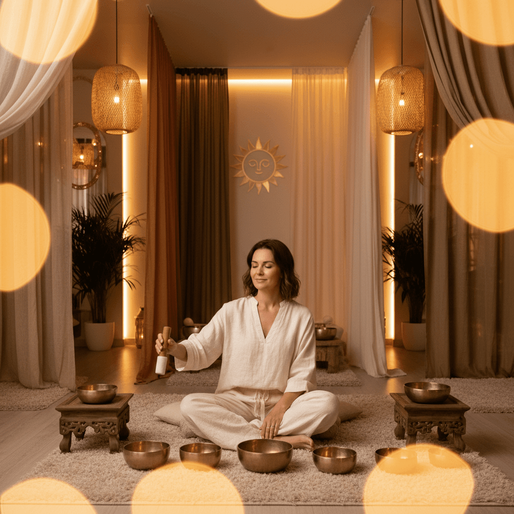 Larissa Steinbach leads a profound sound healing session at Soul Art Dubai, offering deep relaxation and existential anxiety relief through therapeutic sound vibrations.