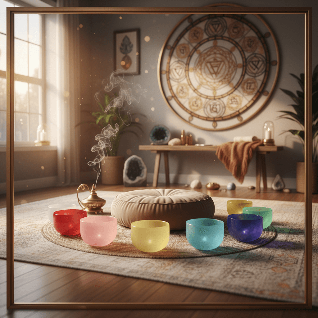 A tranquil sound bath session at Soul Art Dubai, featuring crystal singing bowls and ambient lighting, reflecting the serene atmosphere created by Larissa Steinbach for feminine energy activation and holistic wellness.