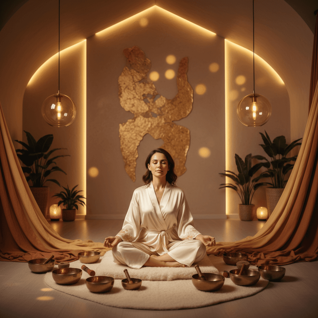 Larissa Steinbach leads a serene sound healing session at Soul Art Dubai, offering stress relief for finance professionals in a calming, luxurious setting.