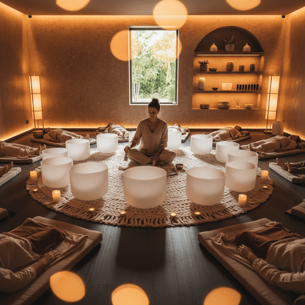 امرأة تتلقى جلسة صوتية مريحة في سول آرت دبي، لاريسا شتاينباخ تقود تجربة عميقة للرفاهية الصوتية والدعم خلال رحلة الحزن.