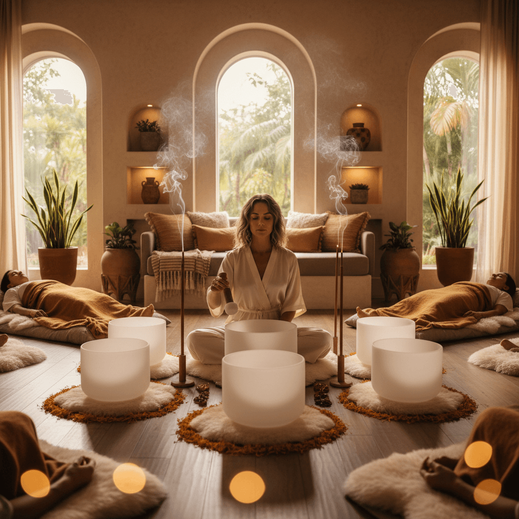A tranquil scene of a person practicing with a singing bowl at sunset, embodying the serene evening reset philosophy of Soul Art Dubai, founded by Larissa Steinbach.