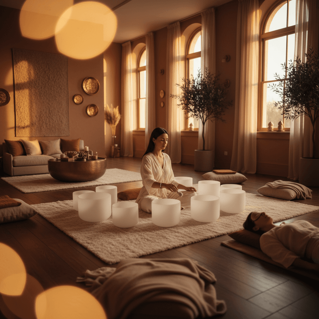 Eine ruhige Person in Meditation, die Summtöne ausführt, mit sanftem Licht im Hintergrund, symbolisiert Entspannung und Fokus. Soul Art Dubai und Larissa Steinbach fördern diese Klang-Wellness-Praktiken.