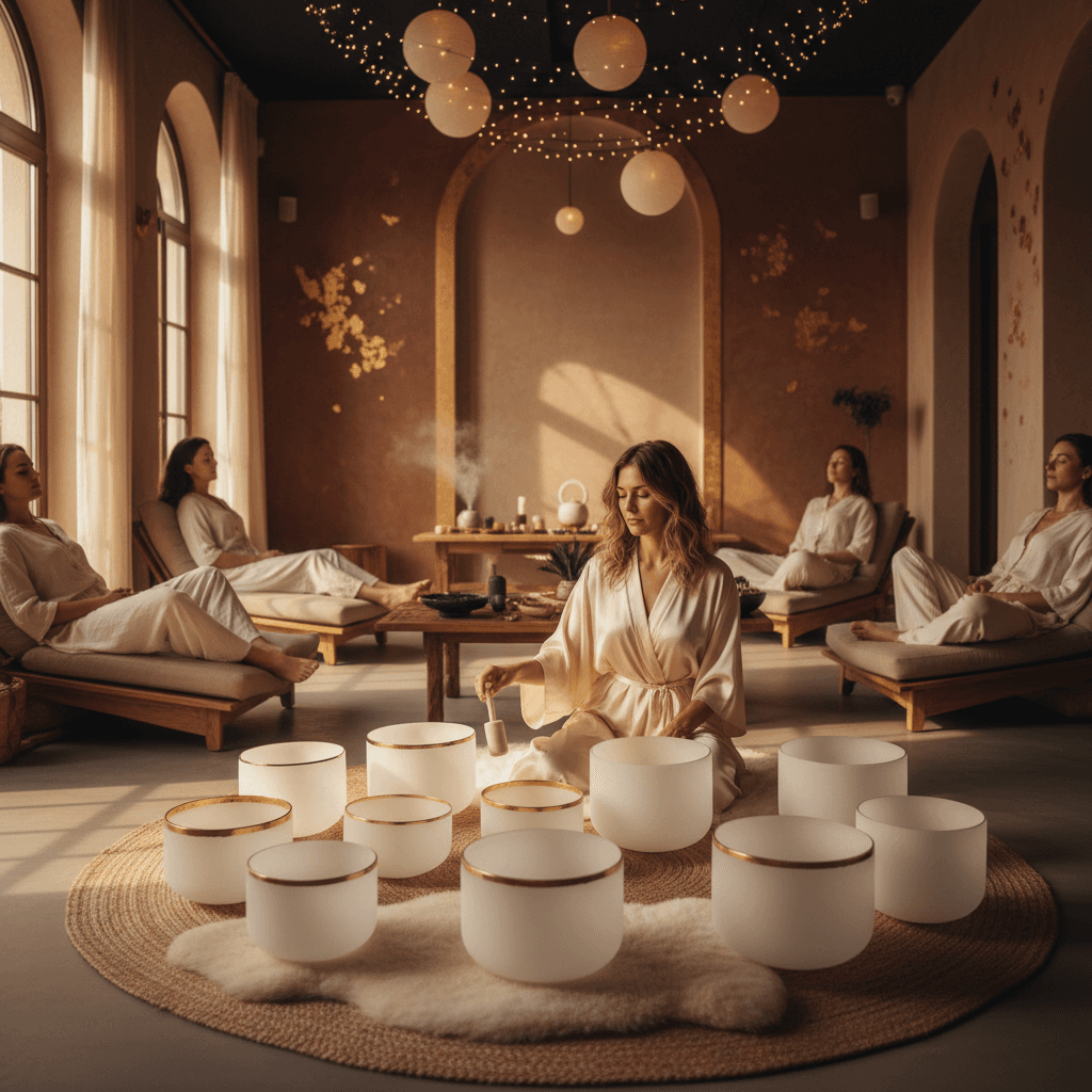 Larissa Steinbach von Soul Art Dubai umgeben von Klangschalen, die durch Klang-Wellness Erdung, Sicherheit und Wohlbefinden fördern, während sanfte Lichtstrahlen den Raum erfüllen.