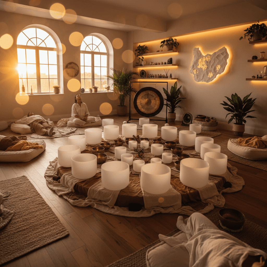 Eine Flugbegleiterin entspannt während einer Klang-Wellness-Sitzung in einem eleganten Studio. Das Bild symbolisiert die Erholung und das Wohlbefinden durch die einzigartige Soul Art Methode von Larissa Steinbach in Dubai.