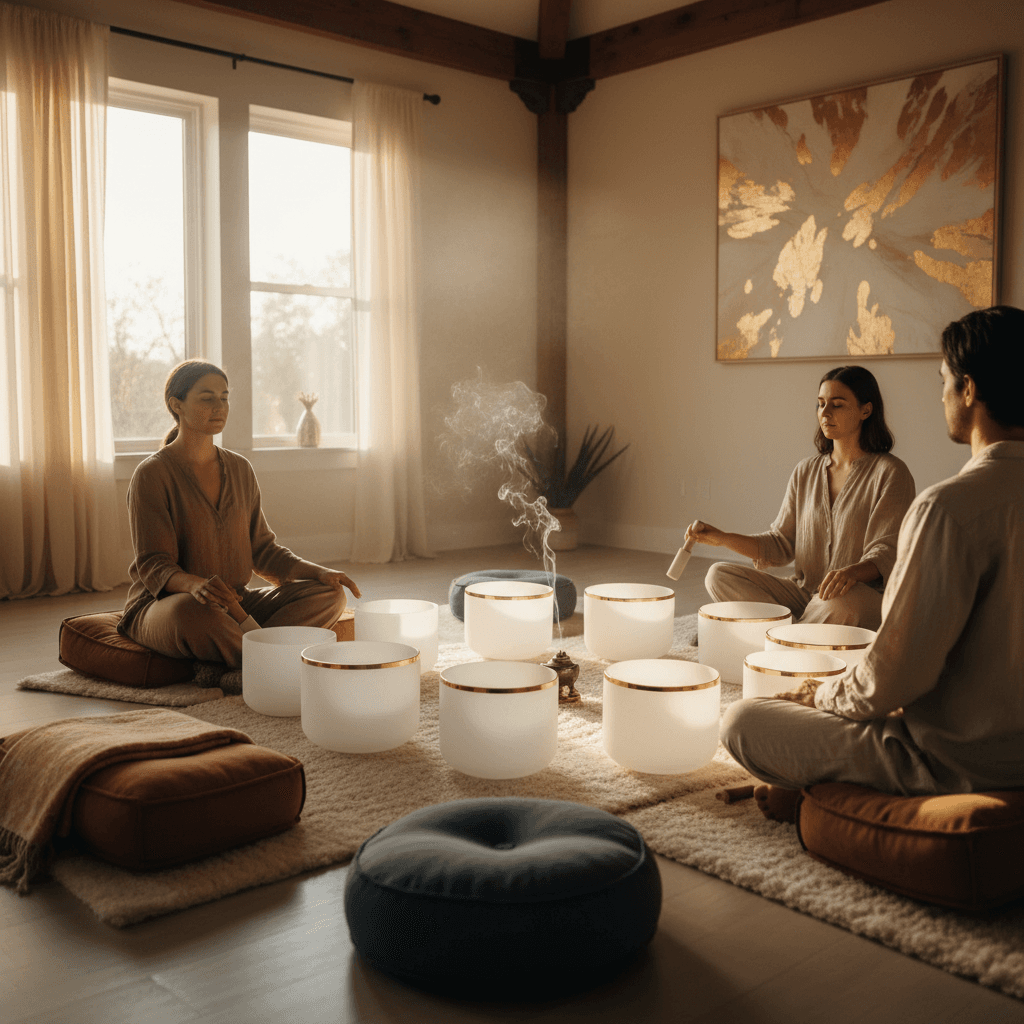 Soul Art Dubai, Larissa Steinbach leading a sound wellness session, with intricate sound bowls and soft lighting creating a serene atmosphere, designed to enhance creativity and focus through flow state induction.