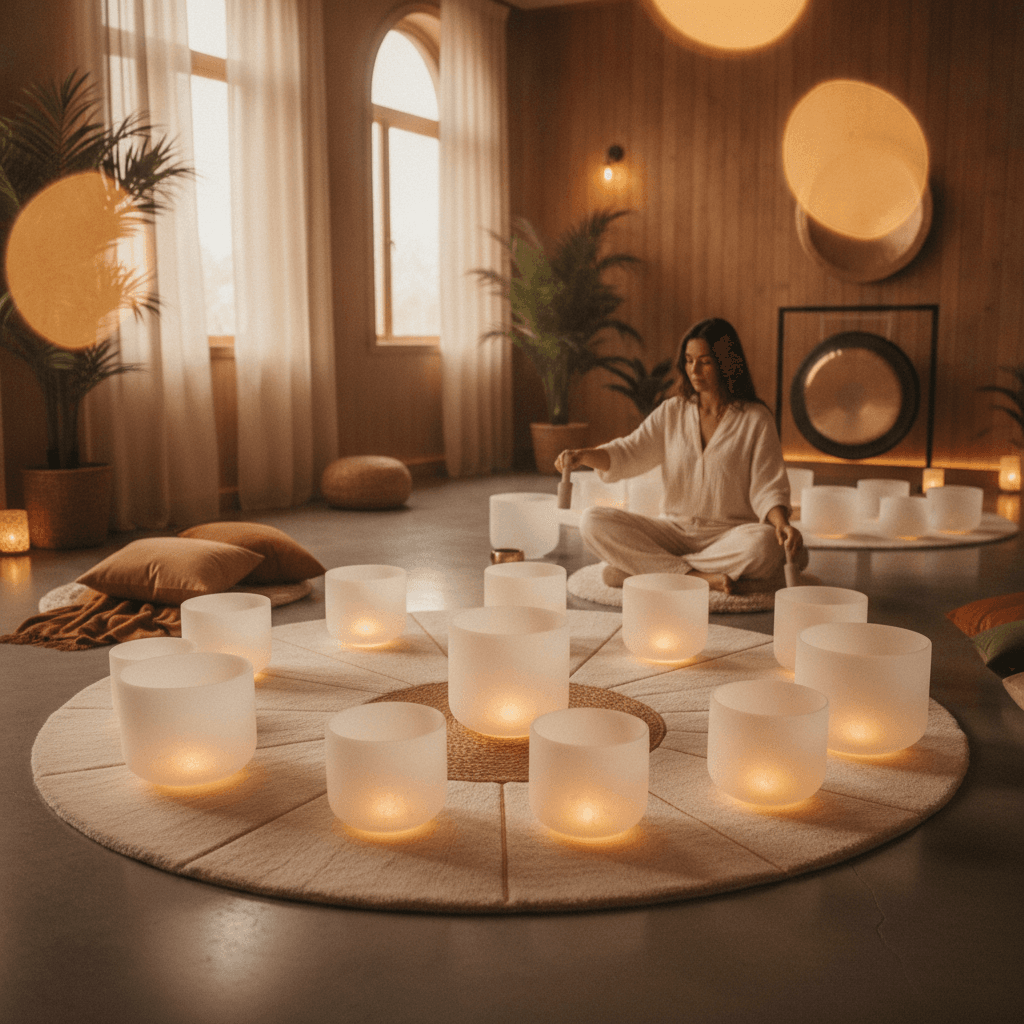 Eine elegante Klangschalen-Sitzung bei Soul Art von Larissa Steinbach, mit kunstvollen Blumenarrangements und warmem Licht, die Ruhe und Entspannung fördern.