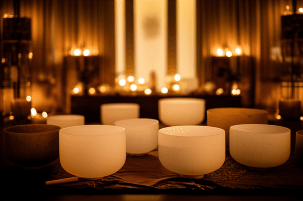 Eine Hand hält eine Klangschale, während im Hintergrund abstrakte Darstellungen von Gehirnwellen und Molekülen in sanften Blautönen zu sehen sind, symbolisierend die Vereinigung von Klang-Wellness und Nootropika bei Soul Art, geleitet von Larissa Steinbach.