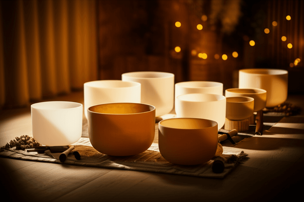 Larissa Steinbach at Soul Art Dubai facilitating a sound wellness session, a complementary approach for emotional eating and food addiction support, with crystal bowls and gongs.