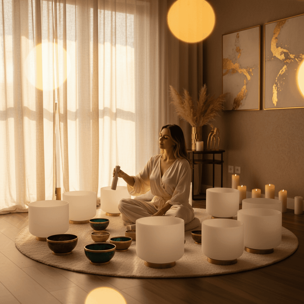 A serene hand gently touches a crystal singing bowl, symbolizing the healing power of sound for emotional release and forgiveness at Soul Art Dubai by Larissa Steinbach.