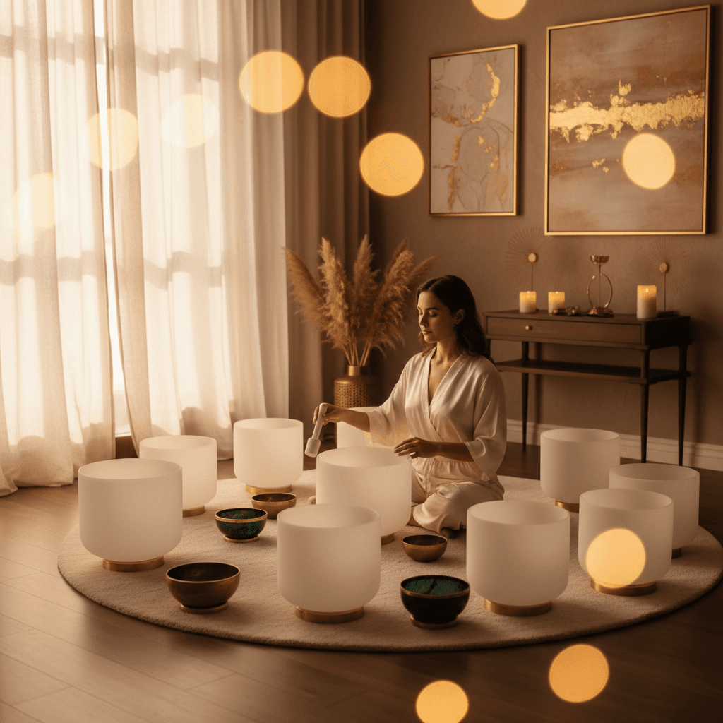 Eine Person meditiert in einer Klang-Wellness-Sitzung, um emotionale Freisetzung und Vergebung zu fördern. Soul Art Dubai von Larissa Steinbach unterstützt tiefes Wohlbefinden durch Klangtherapie.
