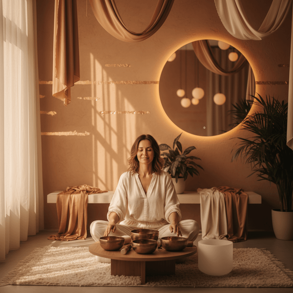 Larissa Steinbach from Soul Art guiding a sound wellness session, offering a calming solution for founder burnout in high-growth startup culture.