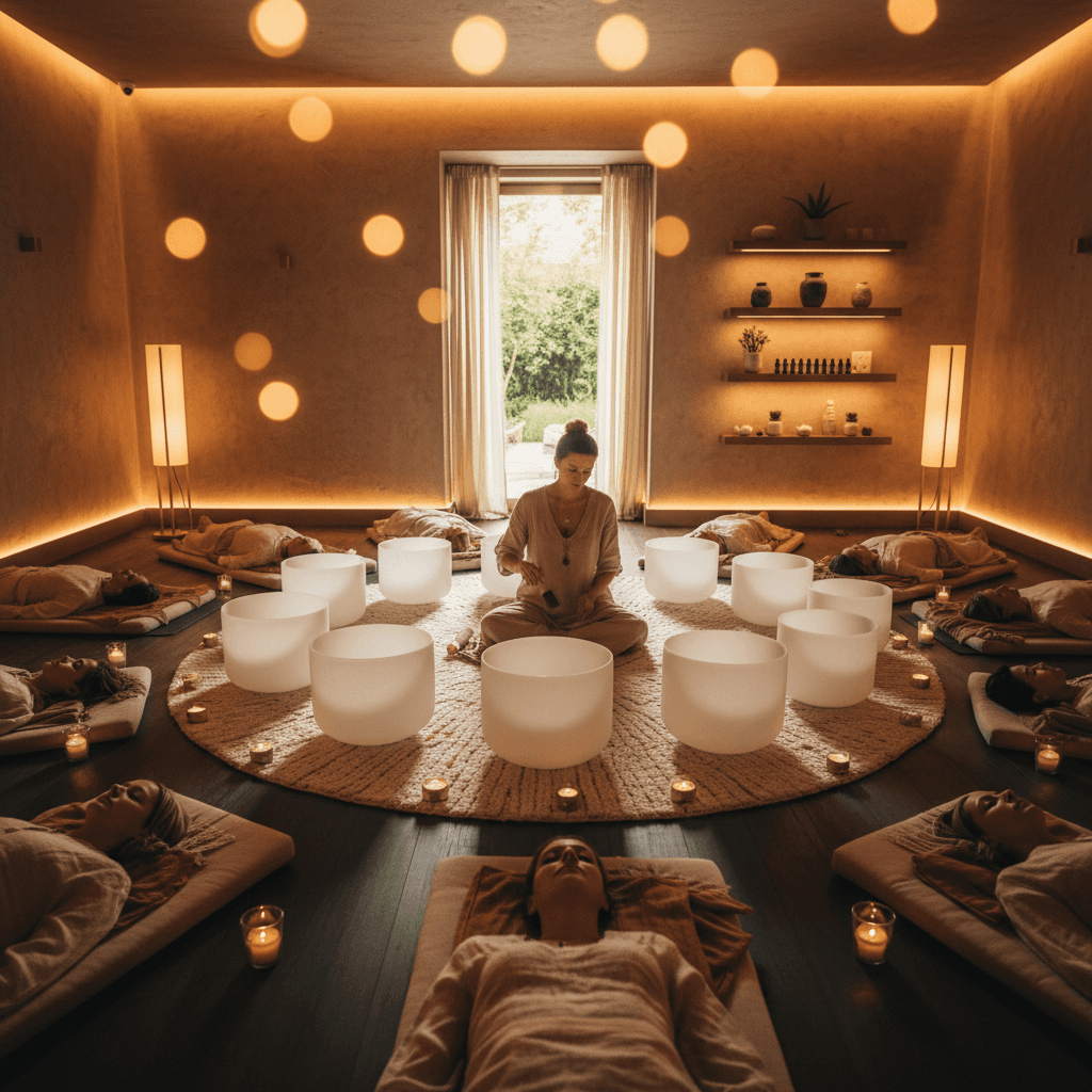 Larissa Steinbach in einem Klang-Wellness-Studio von Soul Art Dubai, umgeben von Klangschalen und Instrumenten, die zur Nervensystem-Regeneration eingesetzt werden, bei Soul Art.
