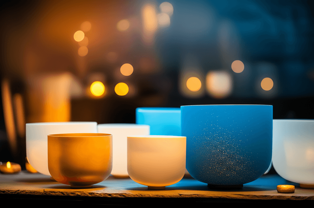 A serene image of sound bowls emitting gentle light, symbolizing frequency medicine for cellular regeneration at Soul Art Dubai by Larissa Steinbach.