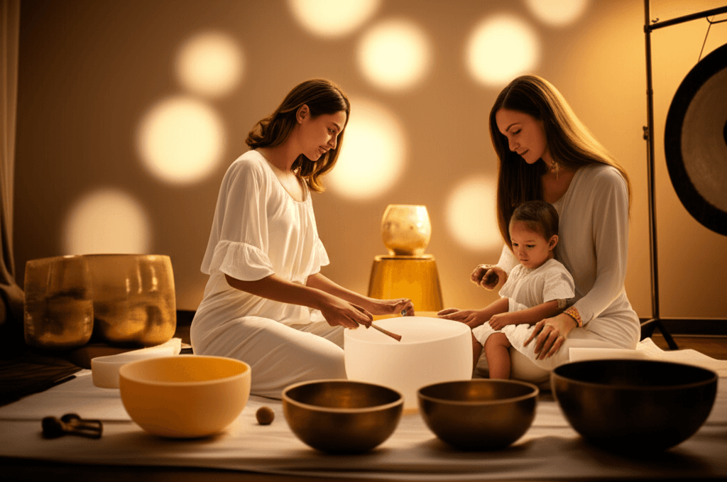 A diverse group of friends holding hands in a circle, bathed in warm light, symbolizing chosen family connection and support. Soul Art's Larissa Steinbach offers sound wellness for healing grief.