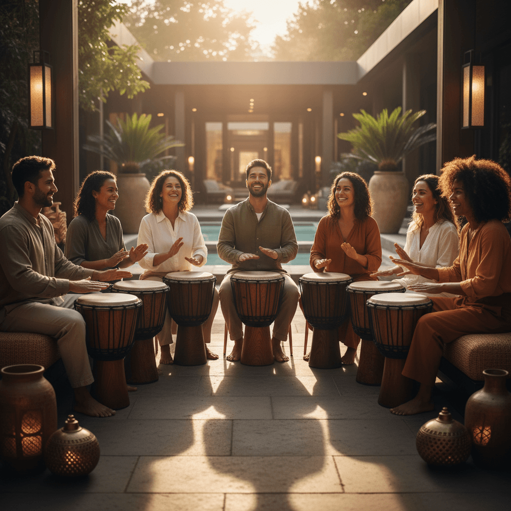 Larissa Steinbach leading a calming sound wellness session at Soul Art Dubai, with serene instruments creating a tranquil atmosphere for healing friend loss.