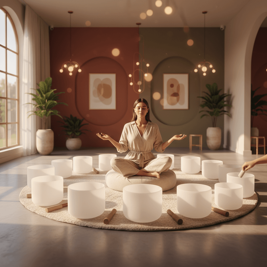 A person's hands gently playing a Tibetan singing bowl at Soul Art, with natural light and calming tones reflecting Larissa Steinbach's holistic approach to sound wellness.