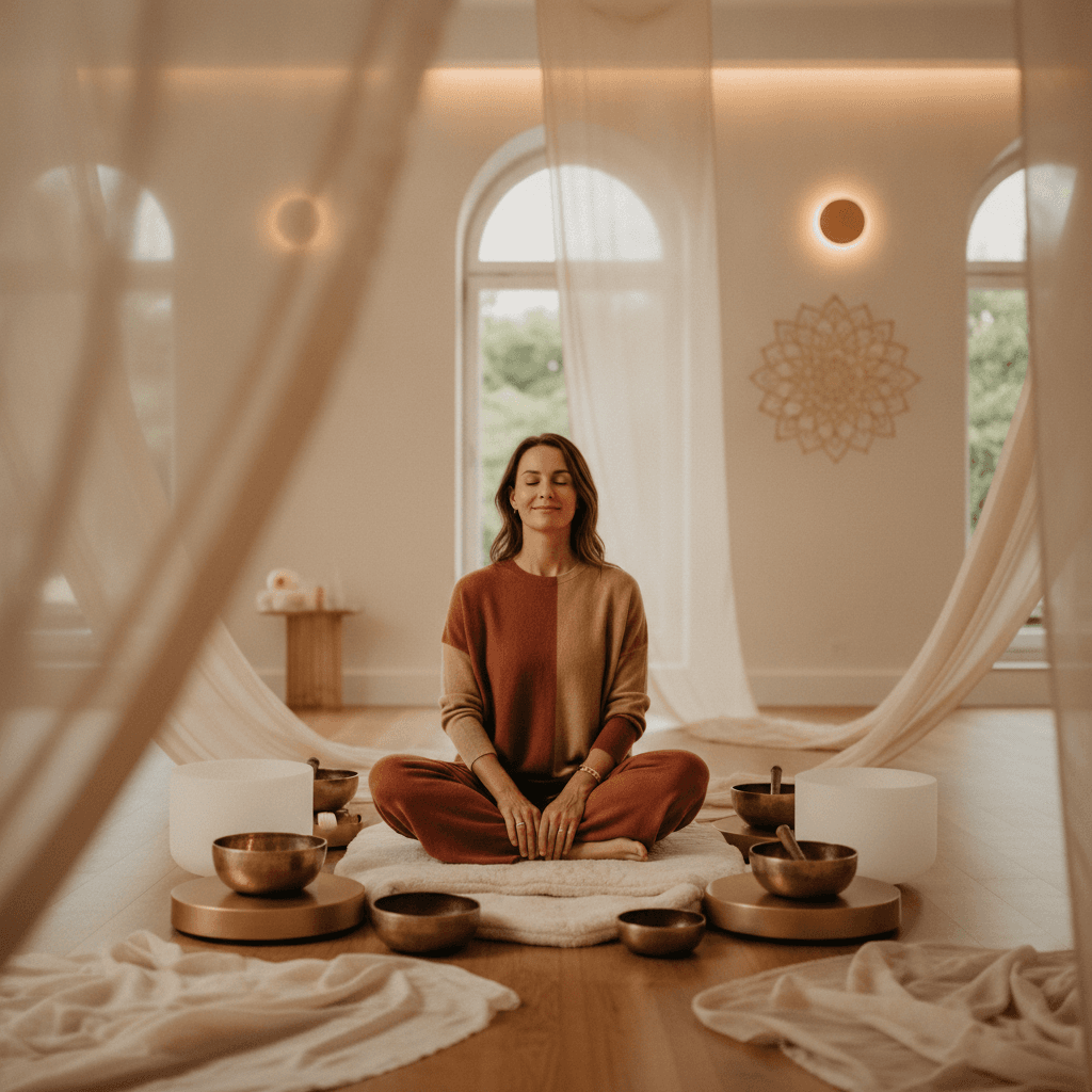 Larissa Steinbach von Soul Art leitet einen Workshop zum verkörperten Reset, symbolisiert durch ruhige Bewegungen und Klangschalen in einem luxuriösen Raum. Prävention von Burnout und Stärkung der Resilienz.