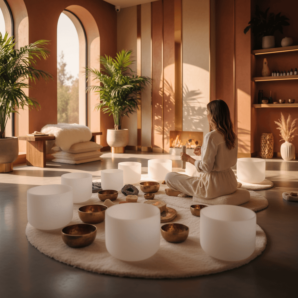 Zwei Kristallklangschalen in natürlichem Licht, eine gefrostete und eine klare, die das harmonische Gleichgewicht im Sound Wellness bei Soul Art Dubai unter Larissa Steinbach symbolisieren.