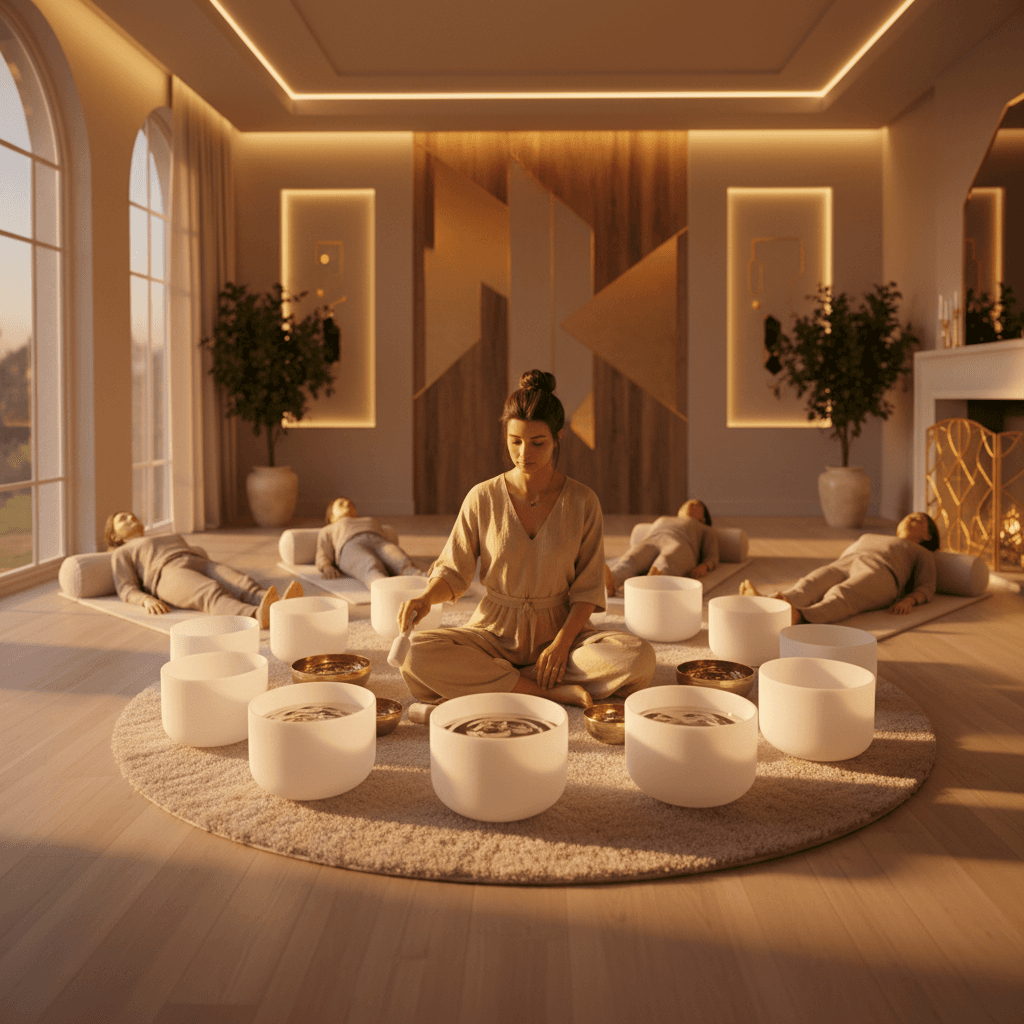 A tranquil sound bath setup with crystal singing bowls and soft lighting under a luminous full moon, representing Soul Art's unique Lunar Sound Practice led by Larissa Steinbach in Dubai.