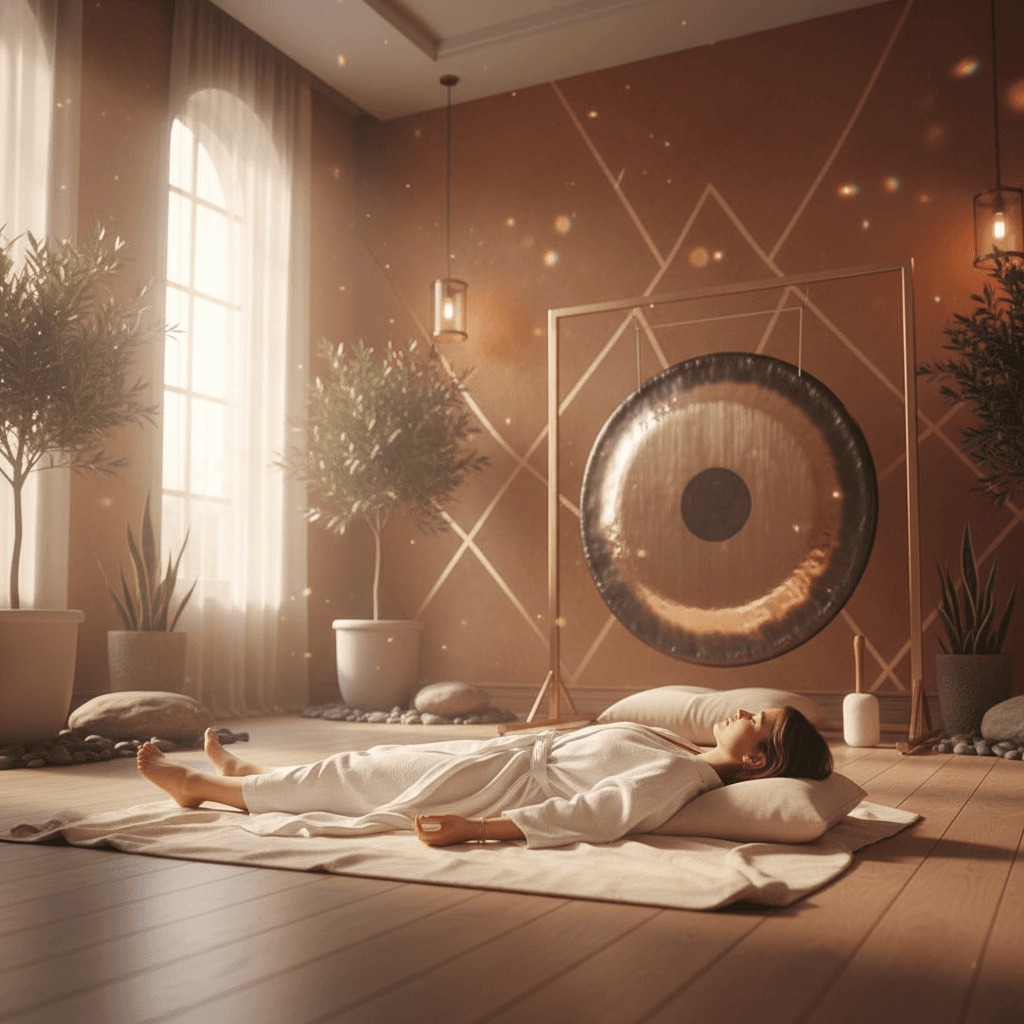 Eine meditierende Frau in einem ruhigen Raum, umgeben von sanftem Licht und Klangschalen, symbolisiert das transformative Vollmond-Klangbad-Erlebnis bei Soul Art Dubai mit Larissa Steinbach.