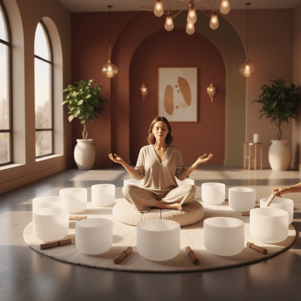 Eine ruhig sitzende Person, umgeben von sanft leuchtenden Klangschalen, symbolisiert tiefe Entspannung und Wohlbefinden. Dieses Bild repräsentiert die transformative Kraft der Klang-Wellness bei Soul Art Dubai unter der Leitung von Larissa Steinbach, die Bestattungsfachkräften hilft, Resilienz un...