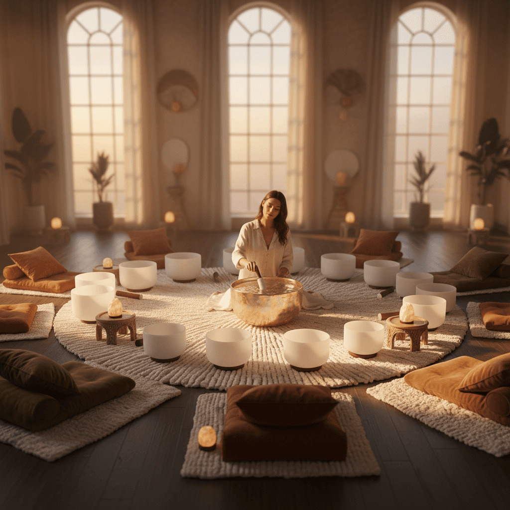 امرأة تتأمل في محيط هادئ، مع إبراز هدوء الرفاهية الصوتية. تصميم سول آرت بواسطة لاريسا ستاينباخ لدمج الصوت في لحظات الفقد.