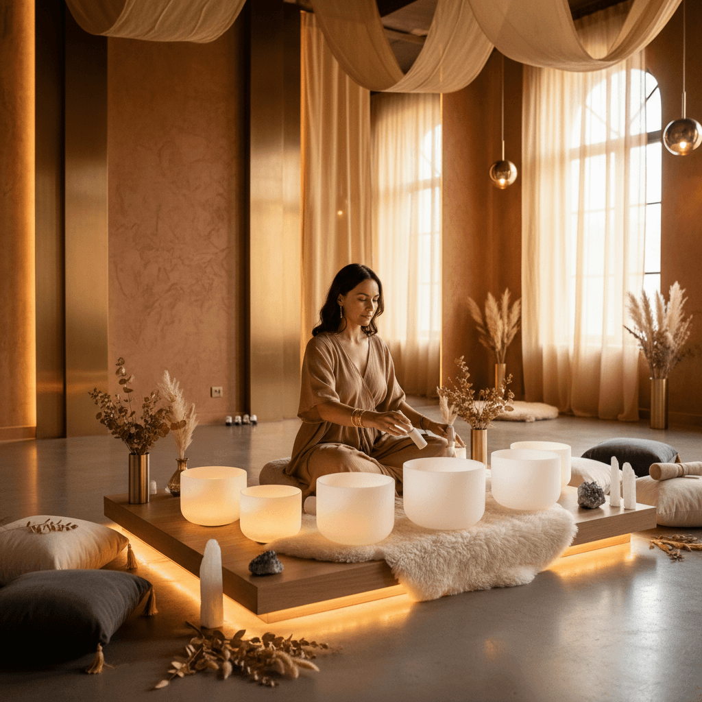 Eine abstrakte Darstellung von Schallwellen, die das Gehirn und den menschlichen Körper durchdringen, mit futuristischen Elementen. Im Vordergrund das Logo von Soul Art und der Name Larissa Steinbach, die das Potenzial des Klang-Biohackings in Dubai erforscht.