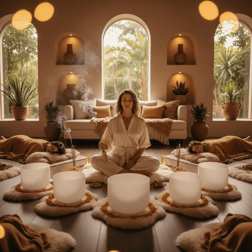 Abstrakte Darstellung von Klangwellen und Geometrien, die das Gehirn beeinflussen, symbolisiert die Zukunft der Klangheilung bei Soul Art Dubai, gegründet von Larissa Steinbach.