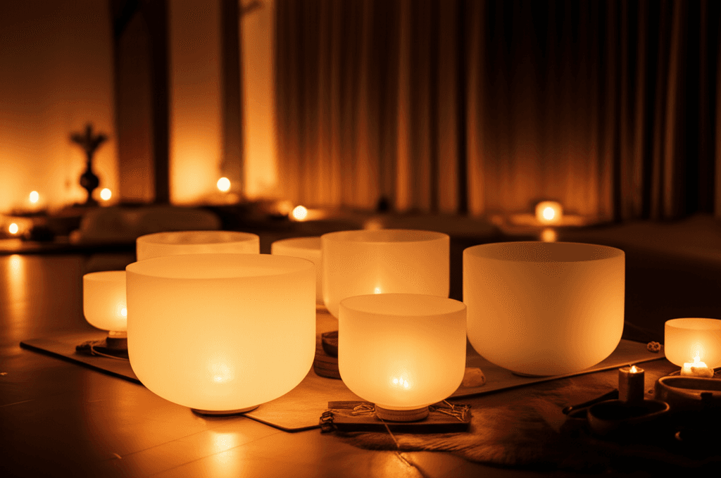 Eine Person entspannt sich in einer Klang-Wellness-Sitzung, während Klangschalen um sie herum positioniert sind, symbolisch für die Unterstützung der Impulskontrolle bei Glücksspielsucht durch die einzigartige Methode von Larissa Steinbach und Soul Art Dubai.