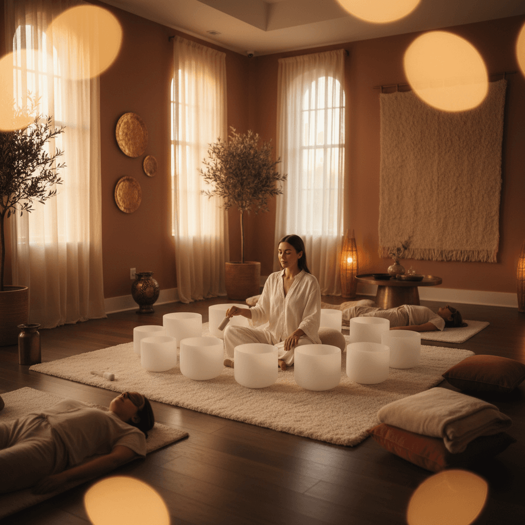 A person meditating with sound bowls, representing gamma wave entrainment for cognitive performance