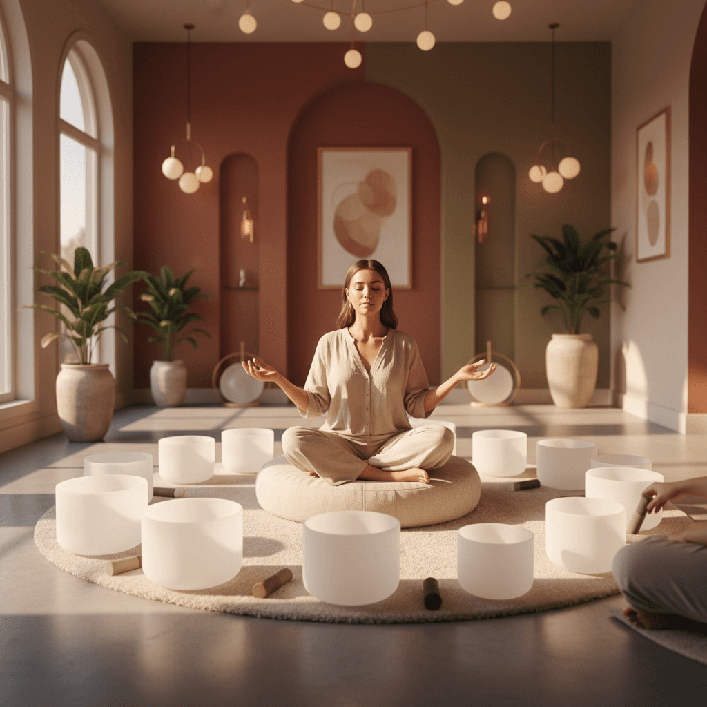 Larissa Steinbach from Soul Art guiding a sound wellness session in a serene green garden, surrounded by natural elements and sound bowls, illustrating healing in green spaces.