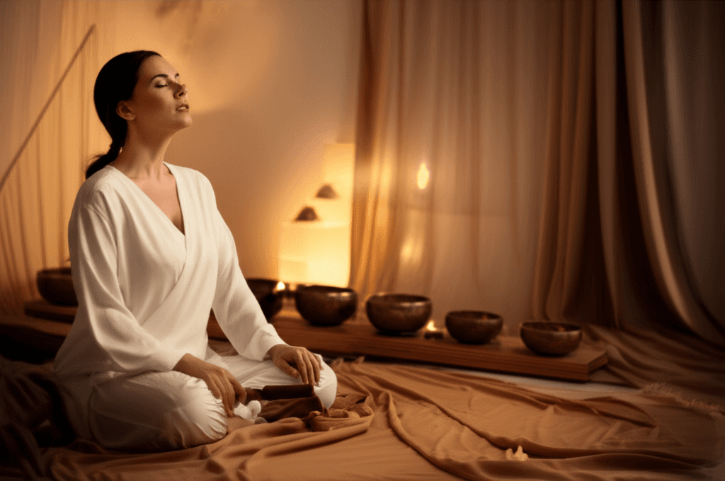 A person meditating with sound bowls and soft light, symbolizing sound therapy for anxiety relief.