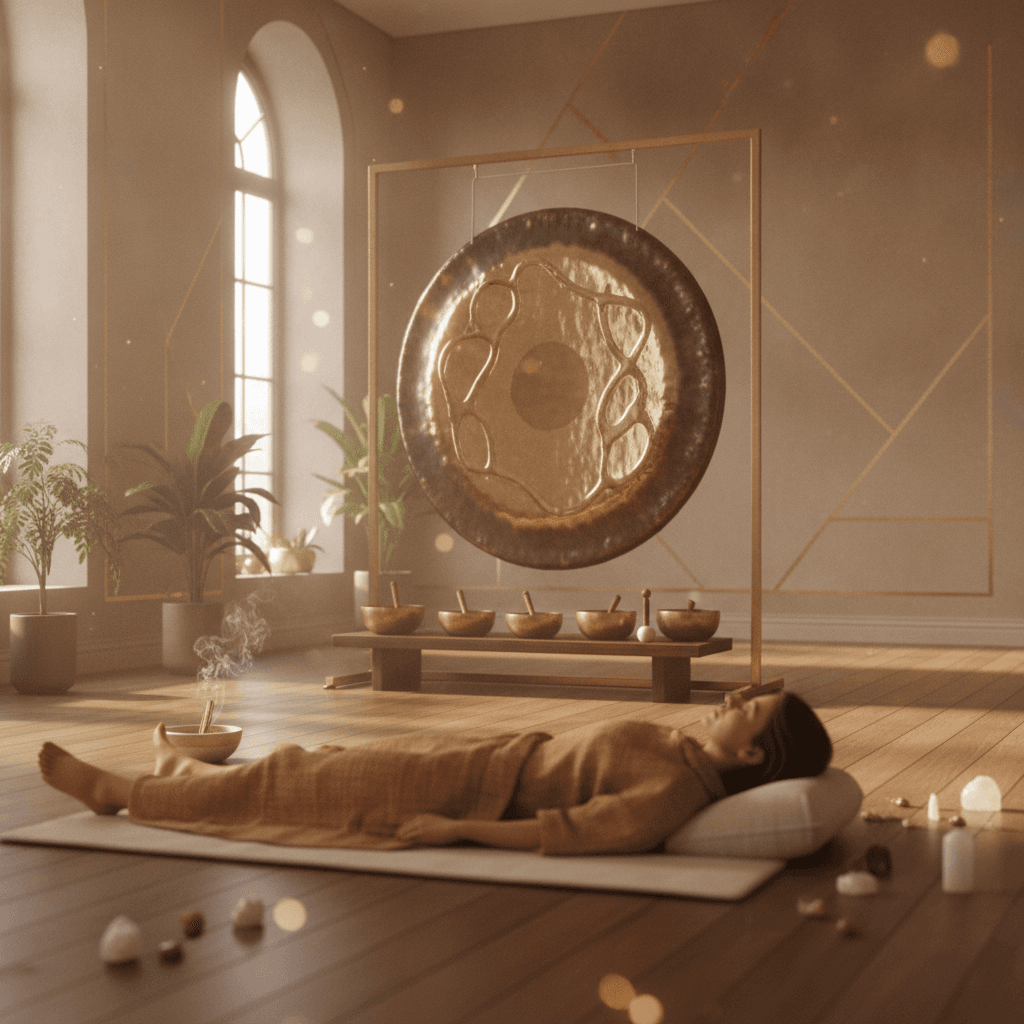 امرأة تستلقي بهدوء وتغمض عينيها في استوديو سول آرت الفاخر في دبي، تحضر حمام جنغ لطيف لأول مرة، يحيط بها محيط هادئ ومريح، بينما تستشعر اهتزازات الرفاهية الصوتية التي تقدمها الخبيرة لاريسا ستاينباخ.