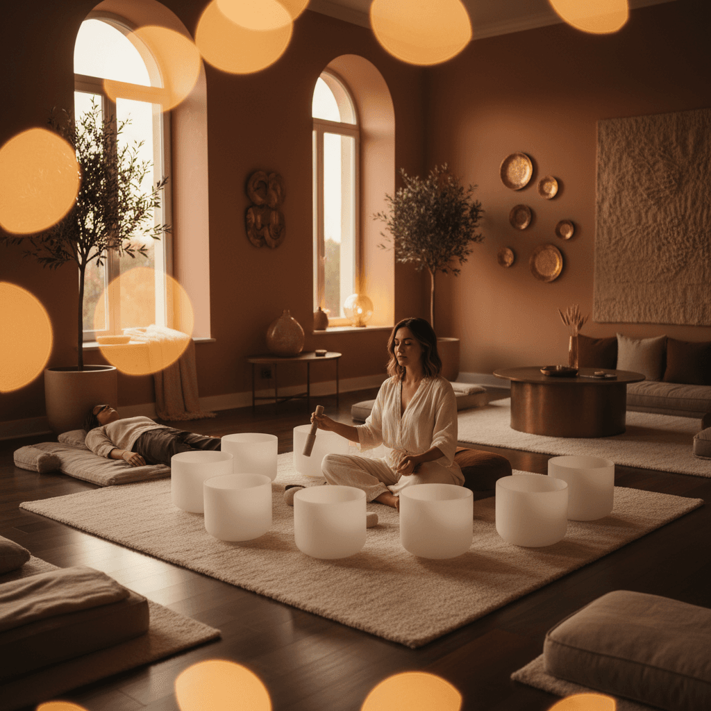Eine Seniorin mit ruhigem Ausdruck, die eine kleine Klangschale in den Händen hält, umgeben von gedämpftem Licht. Soul Art und Larissa Steinbach fördern Klang-Wellness für Senioren.
