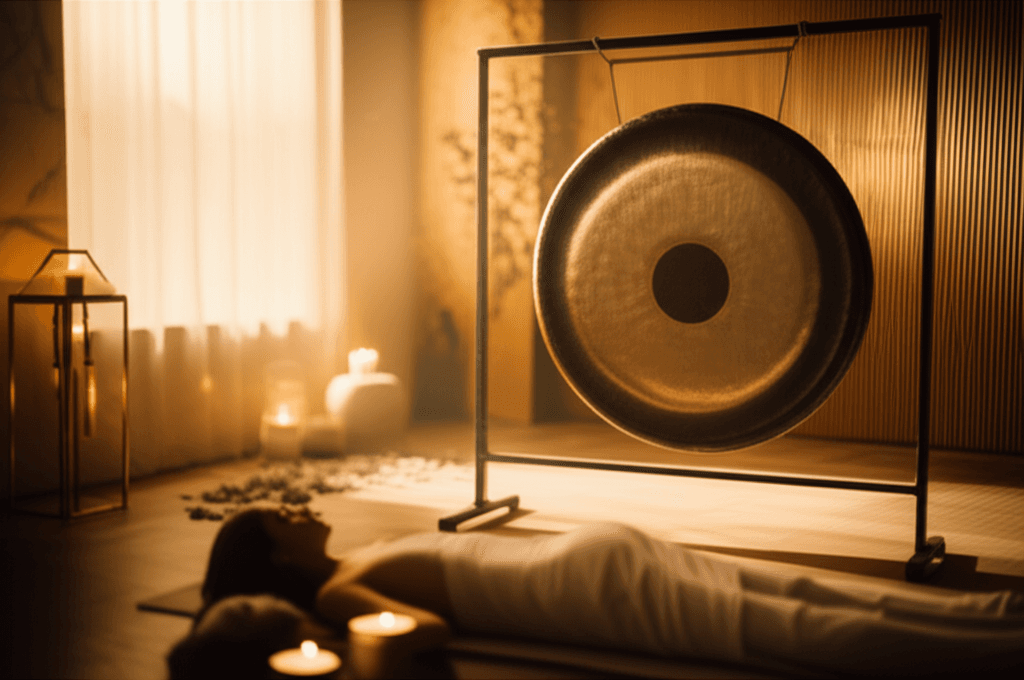 Eine Person liegt entspannt auf einer Yogamatte, während eine Klangheilpraktikerin einen großen Gong spielt. Das Bild symbolisiert die immersive Erfahrung der Gongbad-Therapie, die bei Soul Art Dubai unter der Leitung von Larissa Steinbach angeboten wird. Ideal für tiefenwirksame Entspannung und ...