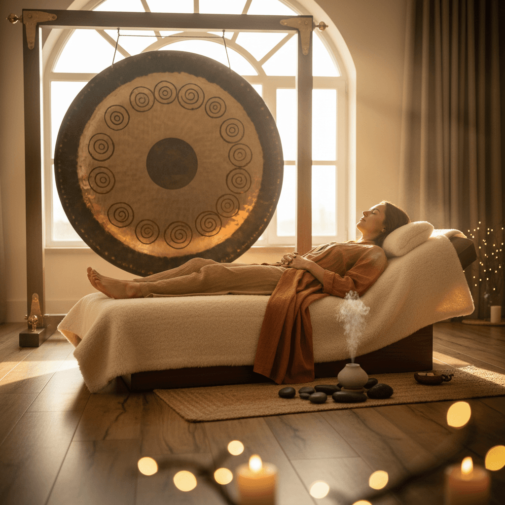 A large, resonant gong being played by a sound wellness practitioner, with gentle vibrations emanating, at Soul Art Dubai led by Larissa Steinbach.
