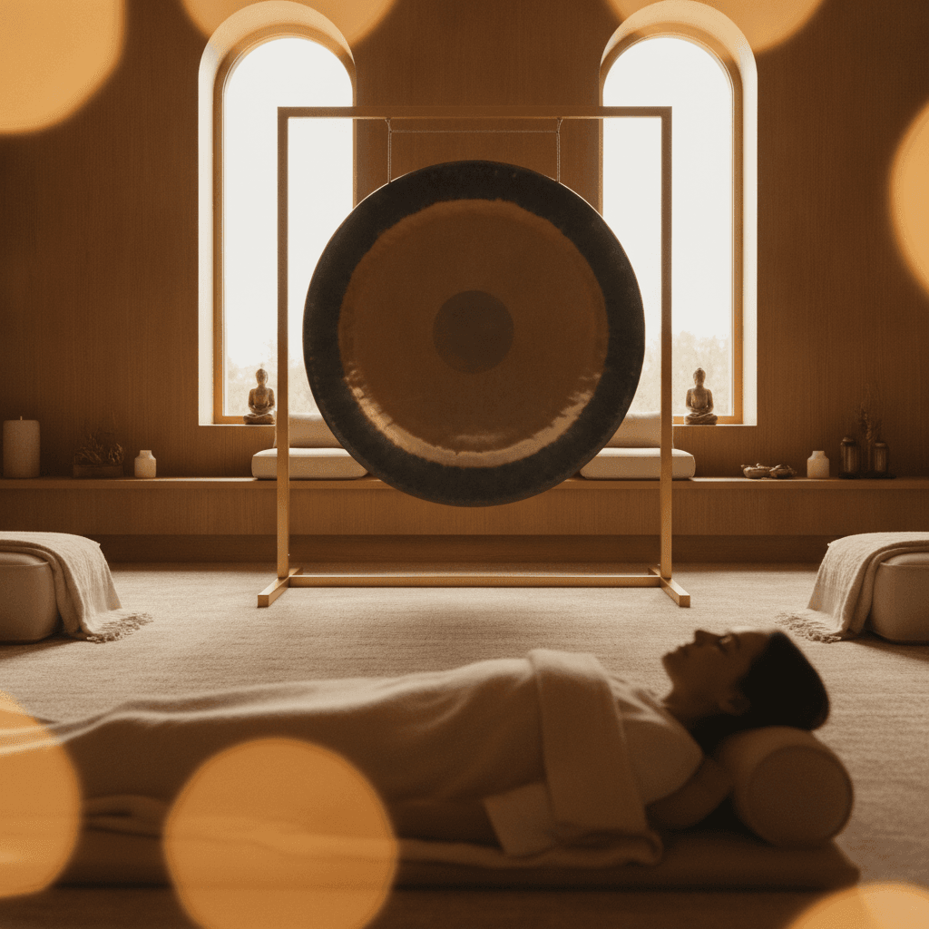 A large, ornate gong being played, creating ripples in the air, representing the powerful vibroacoustic vibrations explored for wellness at Soul Art by Larissa Steinbach.
