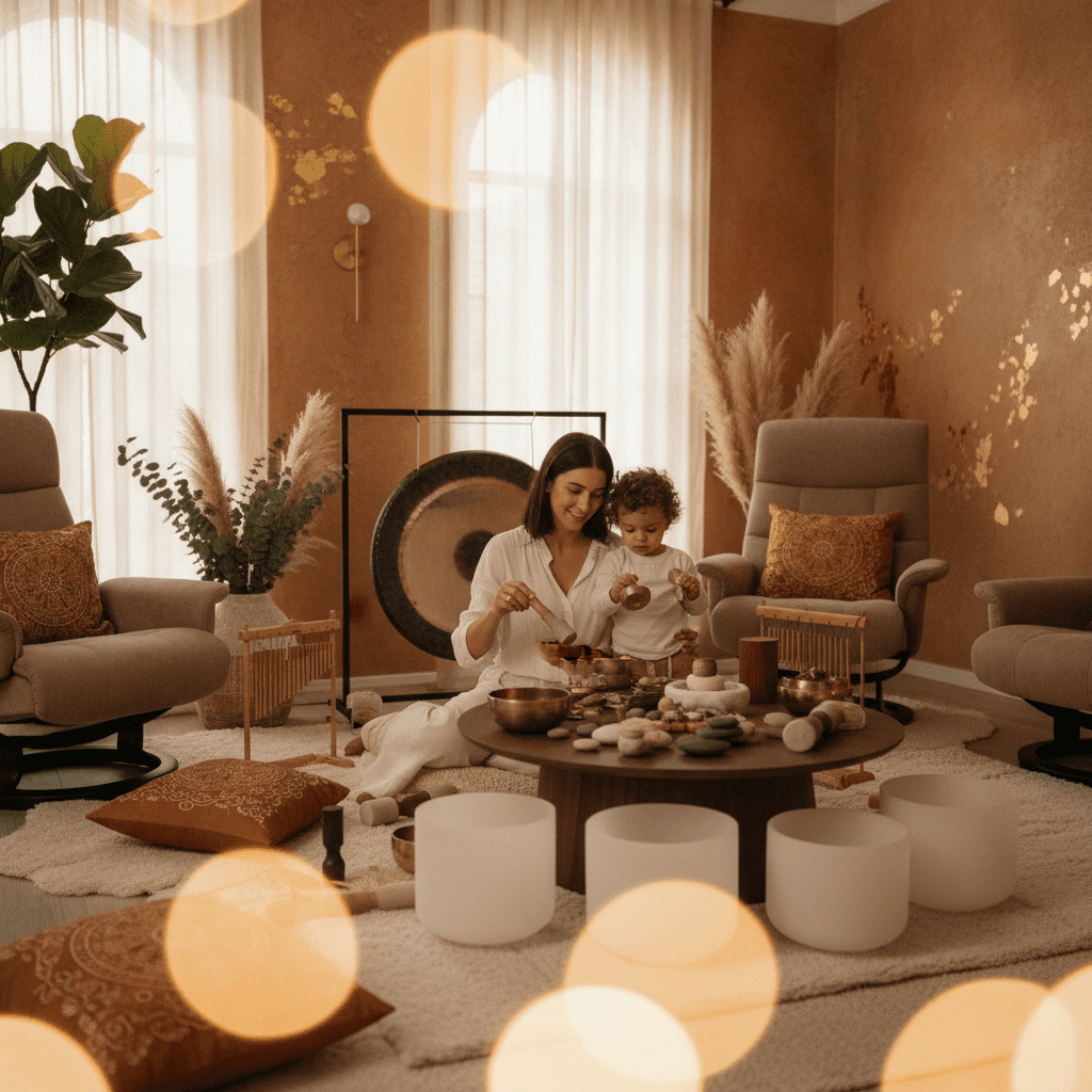 A grandmother and grandchild sharing a gentle moment with a sound bowl, symbolizing enhanced connection through Soul Art wellness practices with Larissa Steinbach.