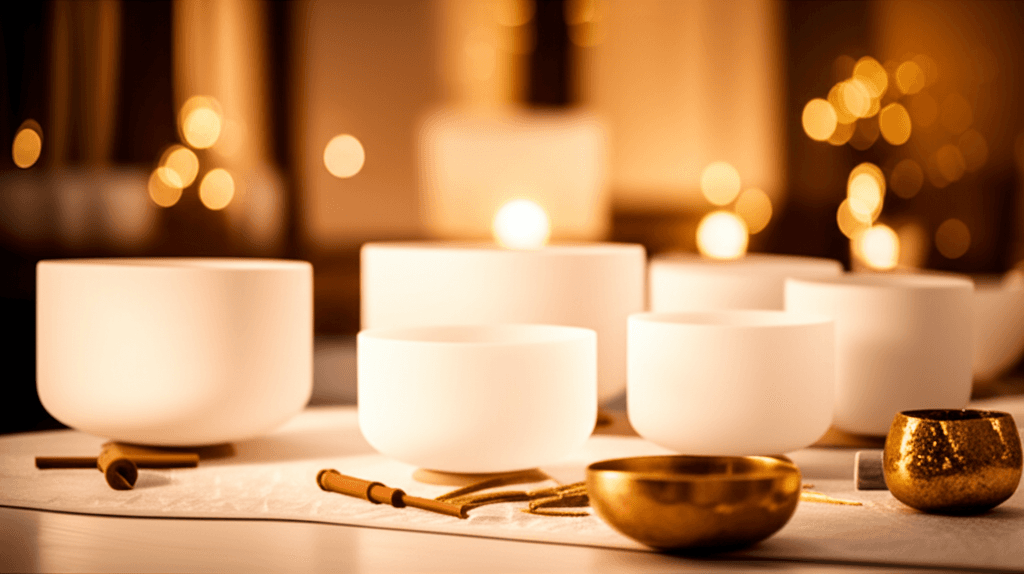 Zwei Hände, eine ältere und eine jüngere, berühren sich sanft vor einem Hintergrund aus Klangschalen und sanftem Licht, symbolisierend die generationsübergreifende Heilung und Verbundenheit durch Klang-Wellness bei Soul Art Dubai, geleitet von Larissa Steinbach.
