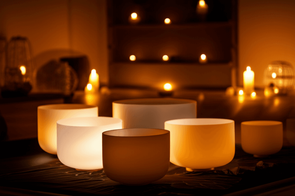 A tranquil scene of a hand holding a crystal singing bowl, emitting gentle vibrations, symbolizing the healing power of sound for grief. Featuring the serene atmosphere associated with Soul Art Dubai and Larissa Steinbach's vision.