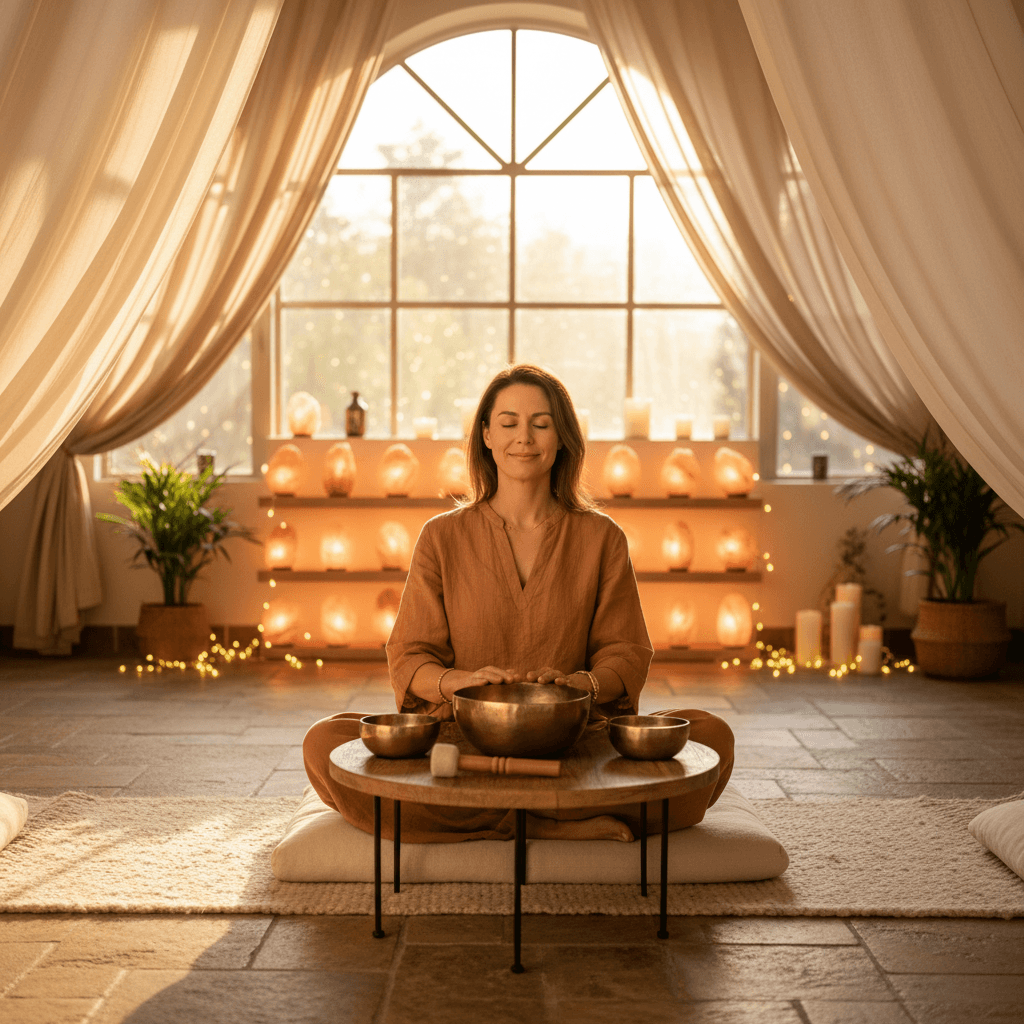 Soul Art founder Larissa Steinbach guides a sound wellness session in Dubai for grief anxiety and emotional calm.