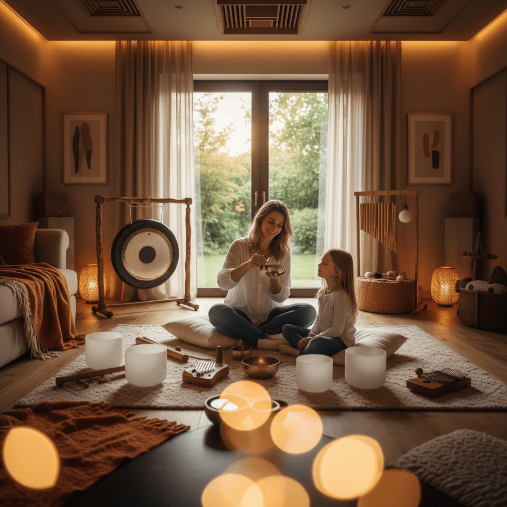 A family holding hands in a meditative pose surrounded by singing bowls and gongs, symbolizing shared sound rituals for grief healing at Soul Art Dubai, led by Larissa Steinbach.