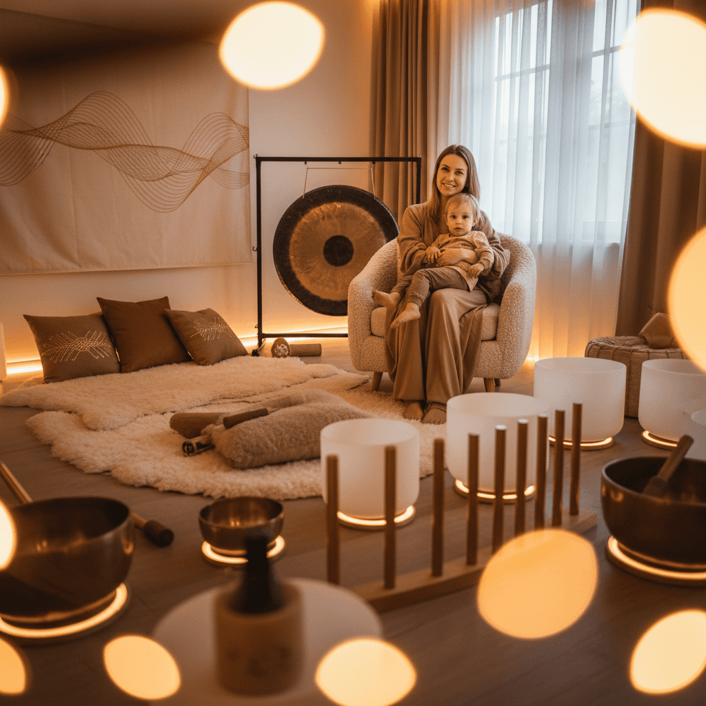 Ein Kind hält die Hand eines Erwachsenen in einer beruhigenden Umgebung mit Klangschalen. Soul Art Dubai und Larissa Steinbach unterstützen Kinder bei der Trauerverarbeitung und fördern ihr Wohlbefinden.