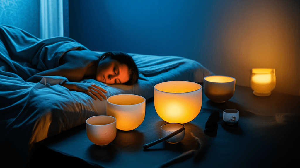 Eine Person liegt friedlich unter einer Decke, umgeben von sanftem Licht und Klangschalen, symbolisierend Trauerschlaf und Klang-Wellness. Artikel von Larissa Steinbach von Soul Art.