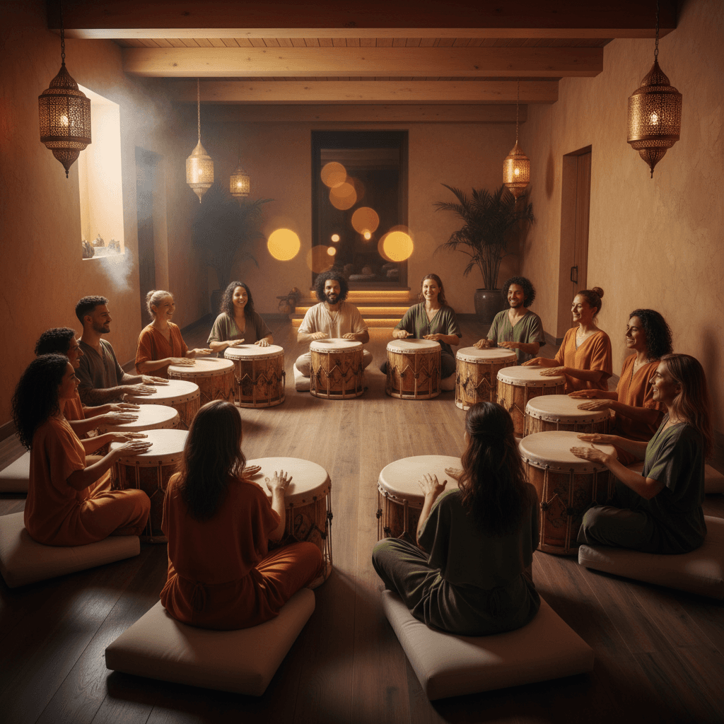 Larissa Steinbach leads a group sound bath at Soul Art Dubai, with participants lying on mats surrounded by various sound healing instruments in a serene, dimly lit studio, promoting community wellness and deep relaxation.