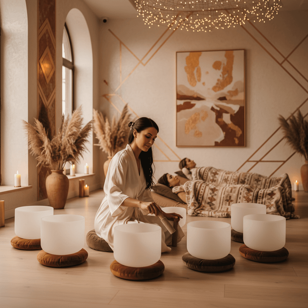 Soul Art Dubai Group Toning session led by Larissa Steinbach, showing diverse individuals seated in a circle, experiencing shared vocal resonance for enhanced community well-being and inner harmony.