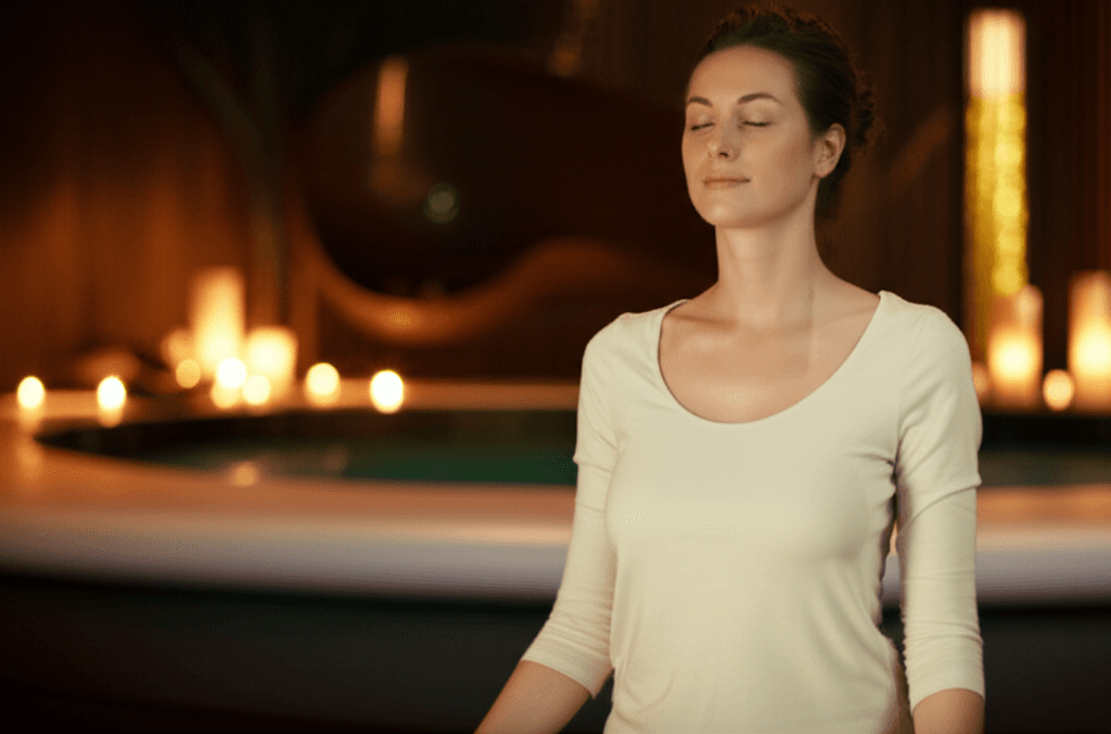 A person in deep meditation during a Soul Art sound healing session, with crystal singing bowls visible, symbolizing Larissa Steinbach's approach to gut-brain axis wellness.