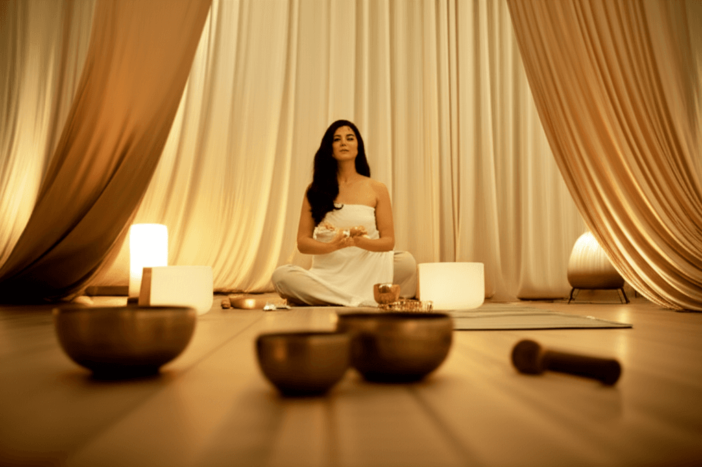 Eine entspannte Person in einem Klang-Wellness-Studio von Soul Art, Dubai, mit Haaren, die gesünder aussehen. Larissa Steinbach lehrt die Verbindung von Stressreduktion und Haargesundheit.